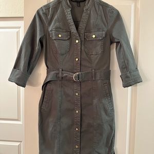 Sage green denim belted pencil skirt dress in size 00